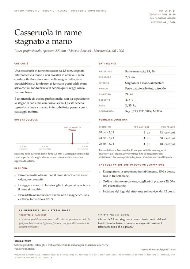 Vista previa de una ficha de producto de una cazuela de cobre, en italiano