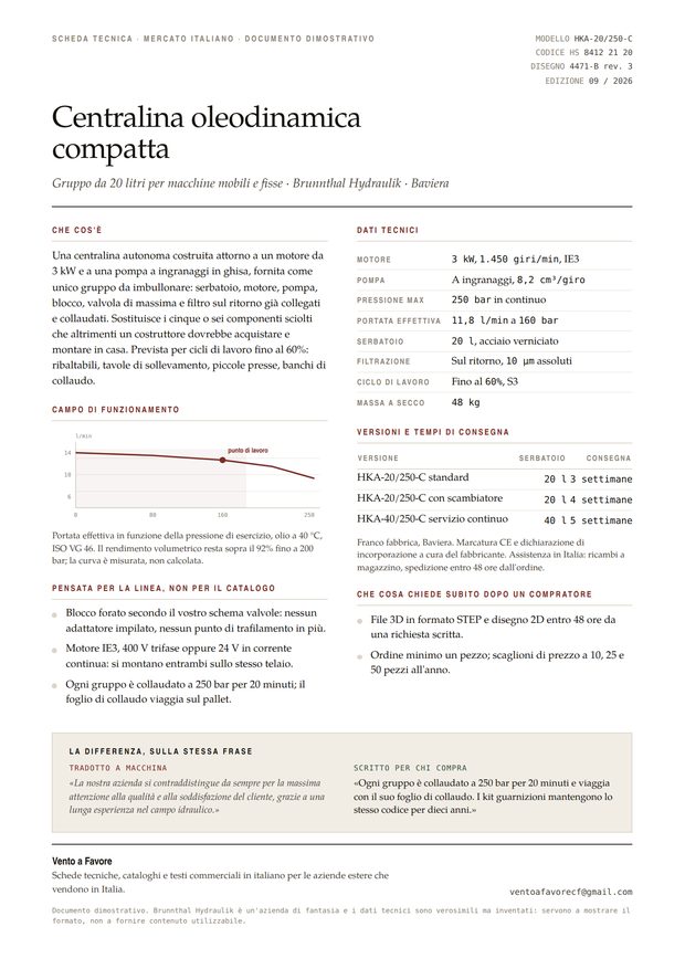 Vista previa de una ficha técnica de una central hidráulica, en italiano